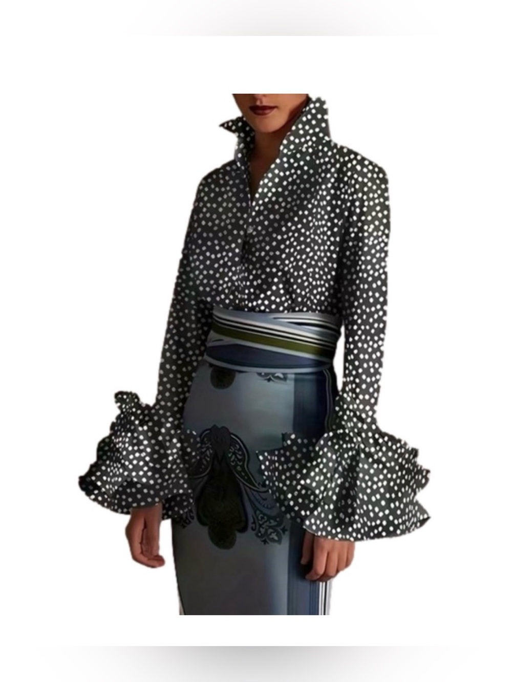 Passion of Essence Black and White Polka Dot Button-Down Ruffled Cuff Blouse